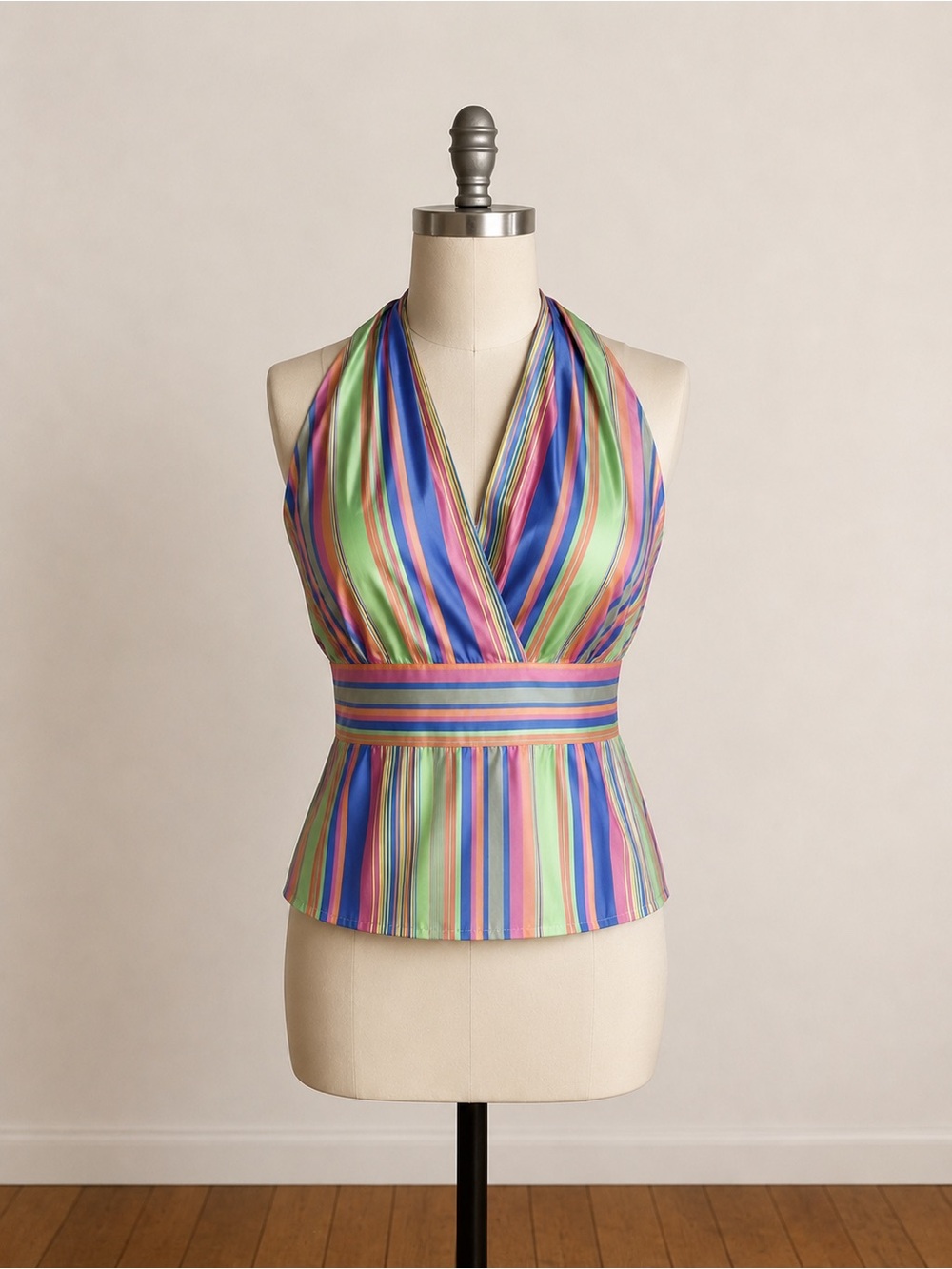 Vintage Doncaster 100% Silk Halter Top Size 8 Multicolor Stripe Y2K Blouse